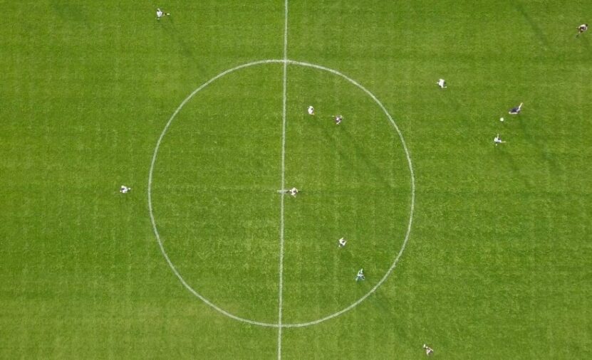 Soccer pitch from bird perspective 